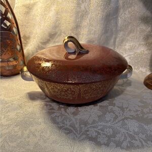 Vintage Homer Laughlin Suntone Lidded Dish with Gold Accents